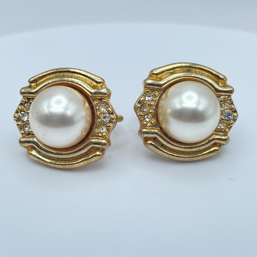 Vintage Y2K RMN Gold Tone Faux Pearl Rhinestone Earrings Retro Women's Jewelry